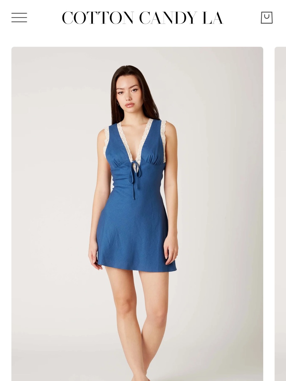 Cotton Candy LA Linen Blue Mini Dress with White Lace Trim Large 10/12